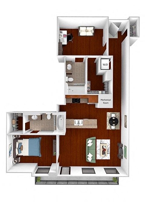 Main 3 Downtown floor plan B2 Flats  - 2 bed 2 bath - 3D
